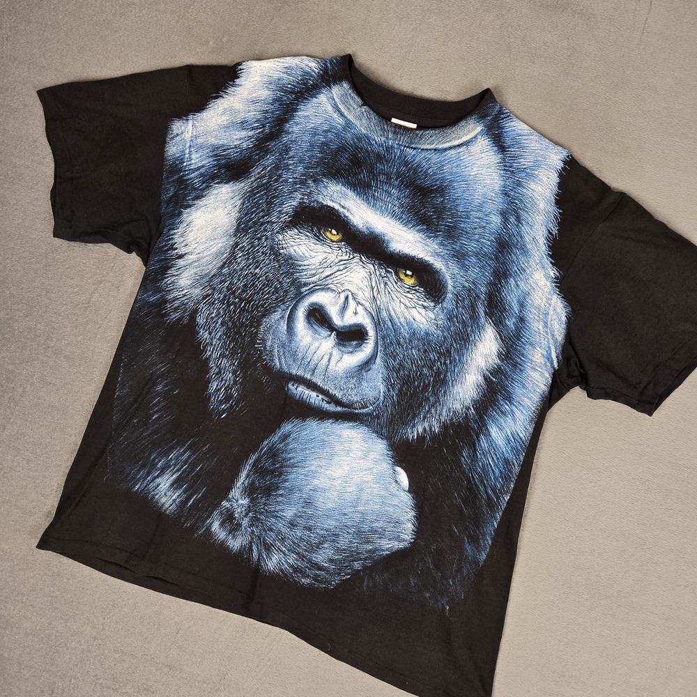 Vintage Silverback Gorilla All Over Print T Shirt Mens XL Black AOP Rare 90s